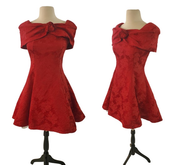 1990s Red Brocade Cocktail Dress by Mainframe, si… - image 1