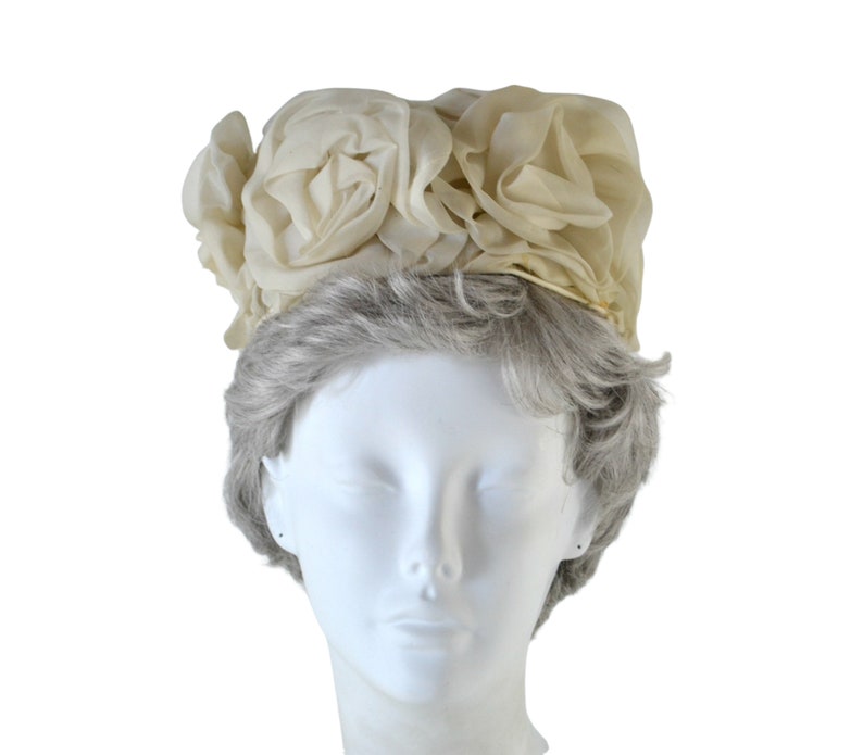 1960s Ivory Flower Pillbox/Bubble Hat, Needs TLC, Dress Up Box, Imagination Play image 1