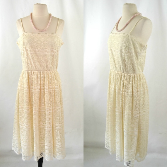 1970s Ivory Lace Overlay Spaghetti Strap Sundress,