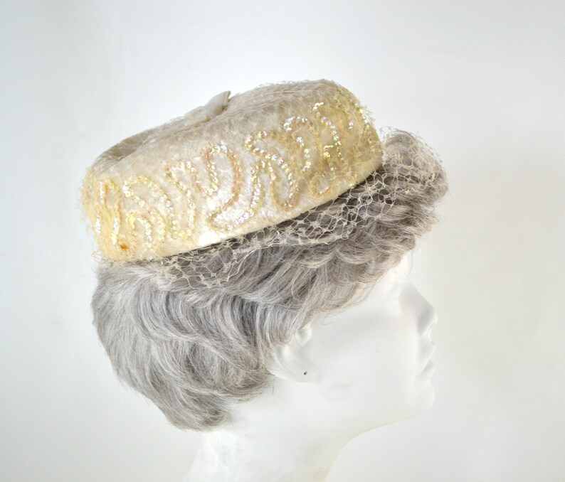 1980s Ivory Velour and Iridescent Sequin Pillbox Hat, Church, Wedding image 3