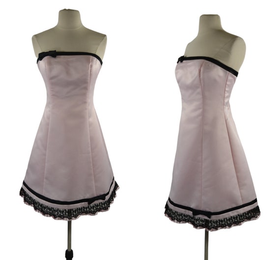 1990s Pink and Black Satin Strapless Dress by Jess
