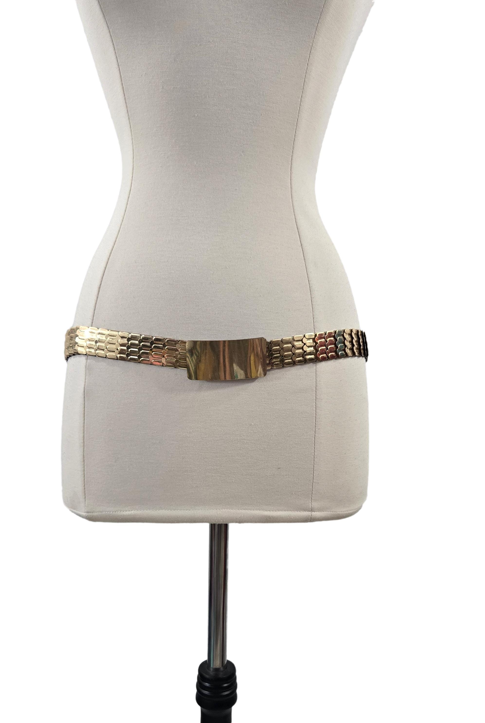 Vintage Women\'s Elastic Belt Black Gold Tone Dragon Scale Cheetah Brass Buckle 80s Brass Tone Elastic Belt, Vintage Metal Plaque Scale  main image 4