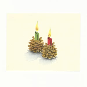 Vintage Pine Cone Red and Green Lit Candles Christmas/Holiday Card