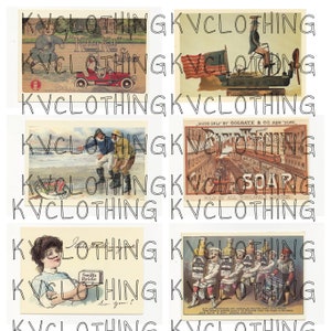 Op de afbeelding: Een verzameling vintage reclamepostkaarten met verschillende producten en merken. De postkaarten zijn in een rasterformaat gerangschikt, waarbij elke kaart een ander beeld en een andere tekst toont. De afbeeldingen tonen een man op een fiets, een man en een vrouw op een strand, een stadsbeeld en een groep mensen die flessen vasthouden. De tekst op de postkaarten bevat de merknamen, productbeschrijvingen en slogans.