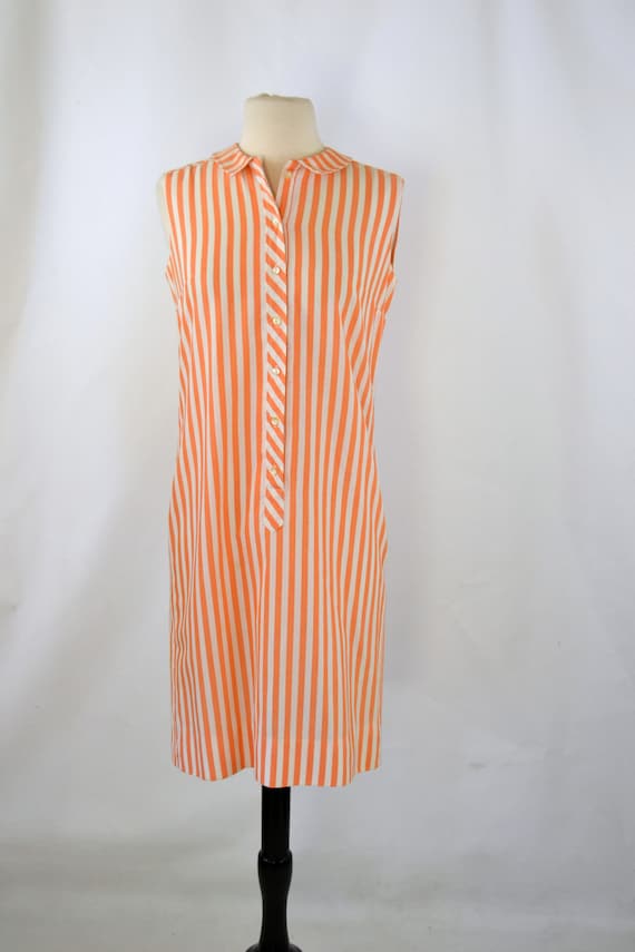 1960s Orange and White Vertical Stripe Shift Dress by… Gem