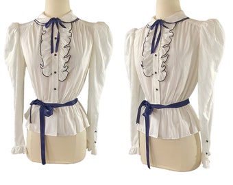 1970s White and Navy Blue Peplum Waist Blouse by Jerri Gee