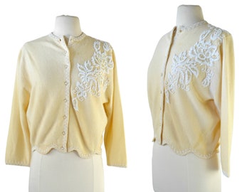 1950s Ivory Seed Bead Floral Design Cardigan Sweater by Kim Kory