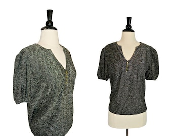 1960s Black and Silver Metallic Lurex Blouse, Sparkly Top, Formal Top