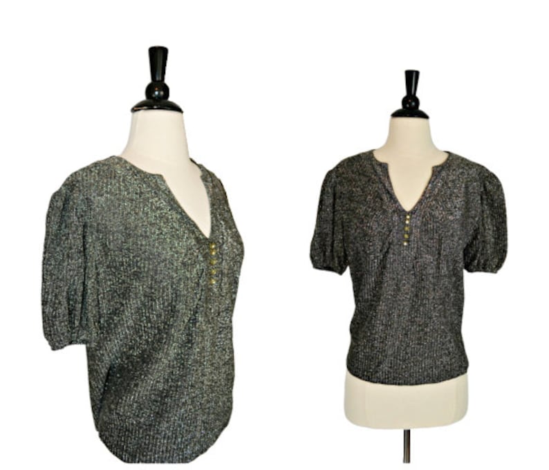 1960s Black and Silver Metallic Lurex Blouse, Sparkly Top, Formal Top image 1