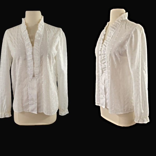 1980s White Eyelet Long Sleeve Ruffled Blouse by Vicki Wayne