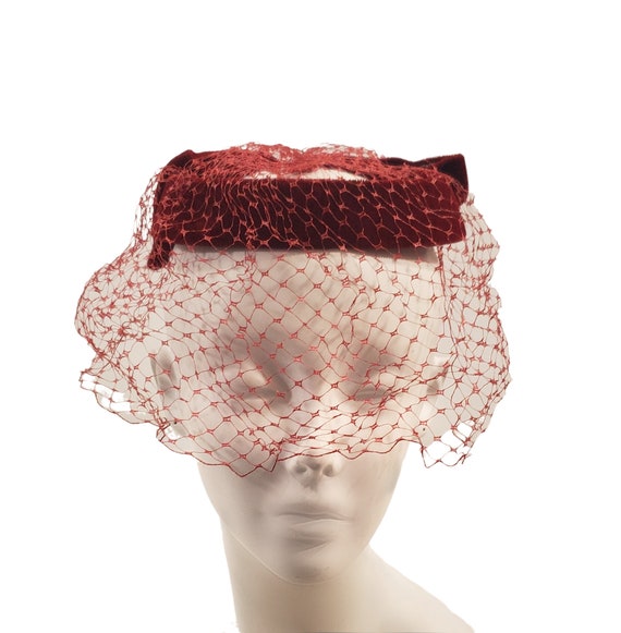 1960s Dark Red Velour Halo Hat, Netted Hat,Fascin… - image 1