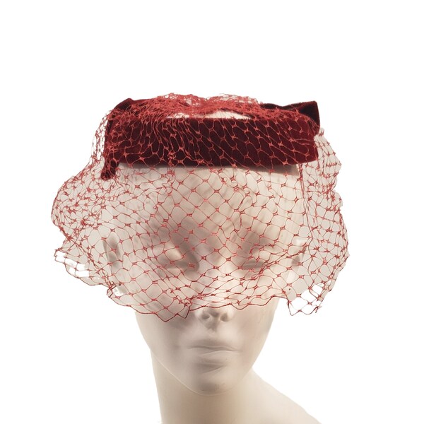 1960s Dark Red Velour Halo Hat, Netted Hat,Fascinator, Retro Wedding Hat