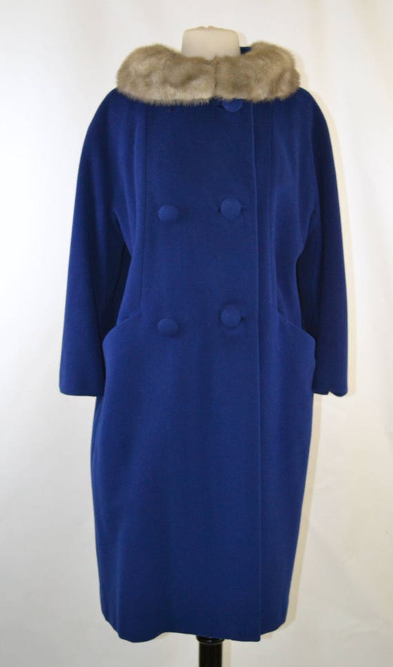 1960s Cerulean Blue Wool Coat with Silver Mink Co… - image 5