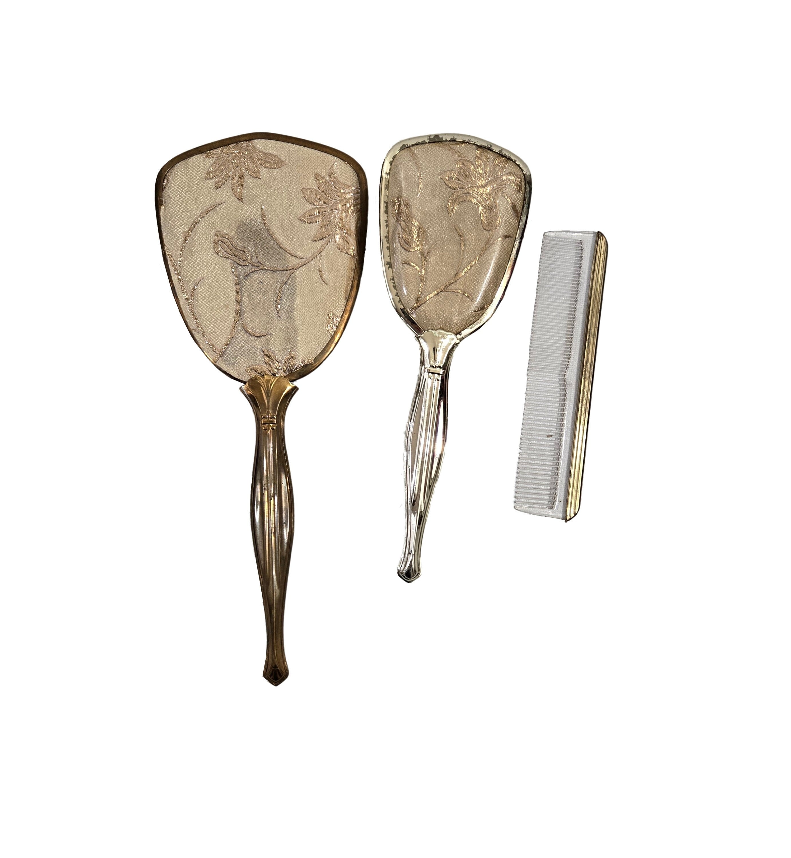 Vintage Gold Tone Brocade Vanity Set, Hand Mirror and Brush 