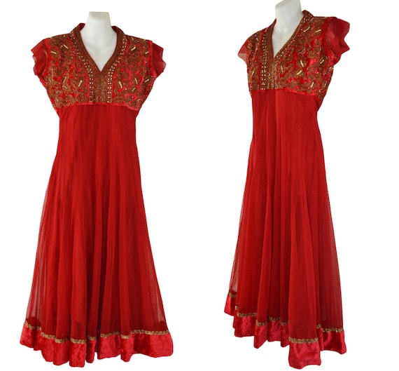 Vintage Lipstick Red Bollywood Empire Waist Dress - image 1