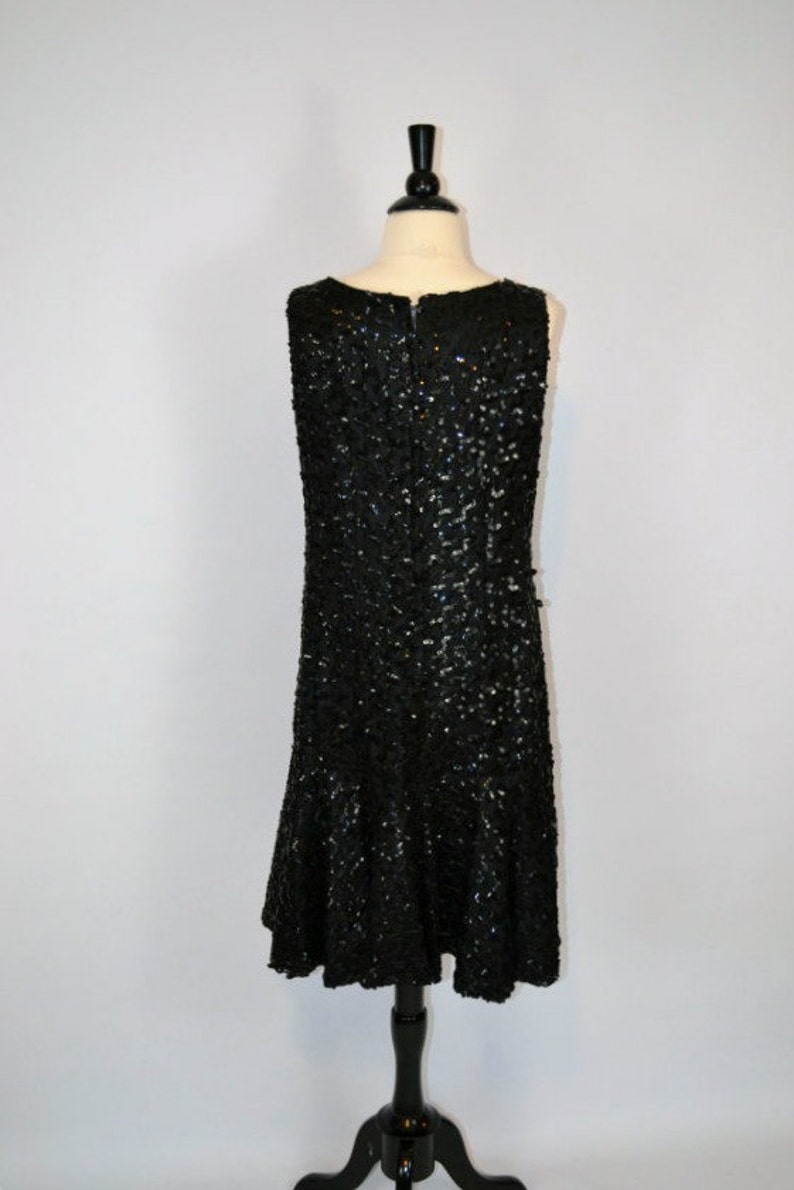 1960s Black Sleeveless Sequin Flapper Drop Waist Cocktail Dress, 1920s Inspired Dress image 3