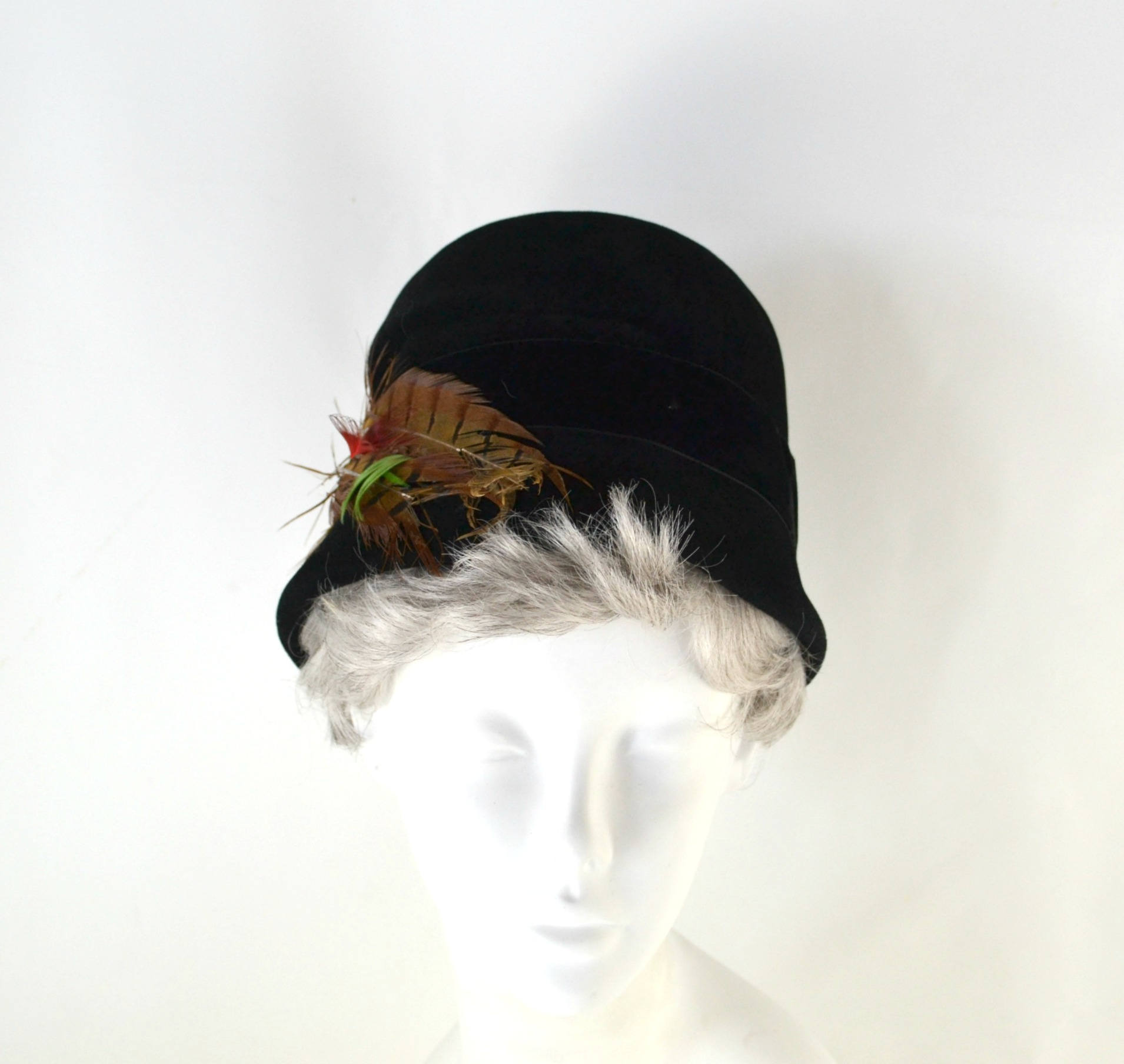 1950s/1960s Black Feathered Felted Wool Cloche Hat by 