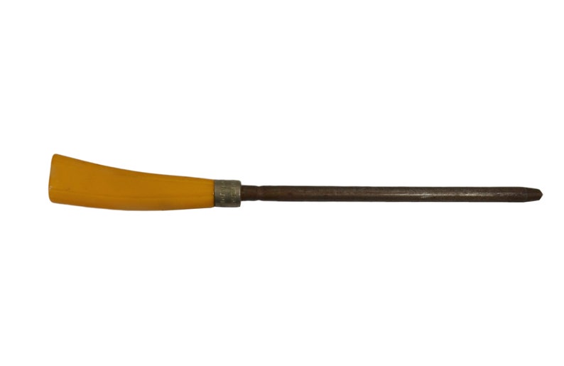 May include: A yellow plastic handled steel knife sharpener.