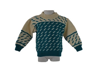 1970s Toddler White and Teal Chunky Knit Pullover Sweater, Size 2T/3T