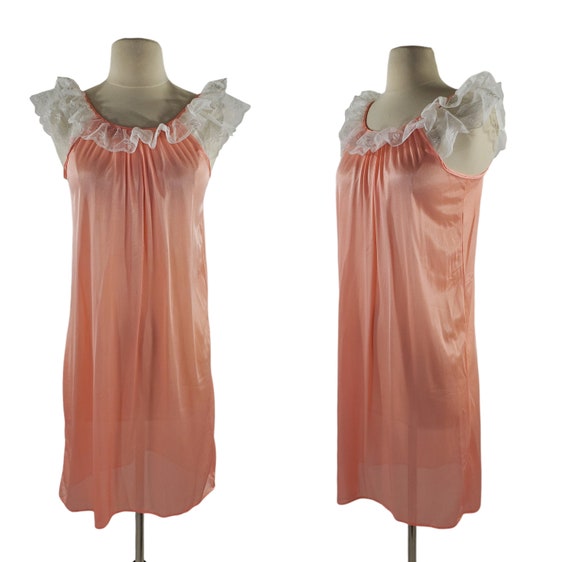 1960s/1970s Pink Coral and White Lace Nylon Night… - image 1