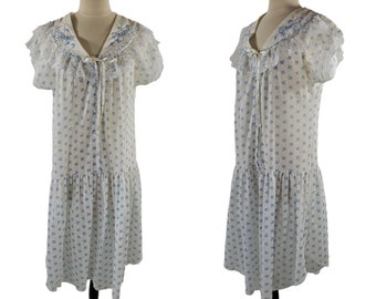 1970s White and Blue Floral Drop Waist Nightgown/Dress by Gilligan O'Malley