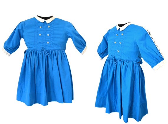 1950s/1960s Toddler Girls Blue Cotton Long Sleeve Day Dress, Size