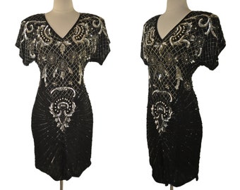1980s Black and Silver Silk Bead and Sequin Dress by Laurence Kazar, Estate Fresh/Needs TLC