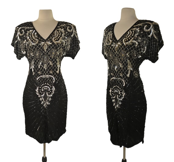 1980s Black and Silver Silk Bead and Sequin Dress… - image 1