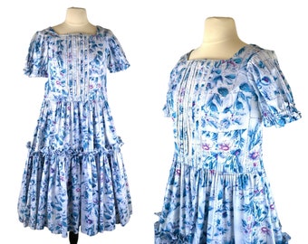 1950s Blue Floral Patio Dress by H Bar C, Ranch Wear, Square Dance, Porch Dress
