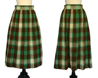 1950s Green and Brown Plaid Wool A-line, Knee Length Pleated Skirt