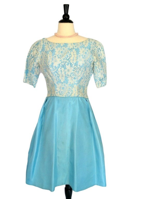 1960s Robins Egg Blue, Lace Bodice Overlay Cocktail Party Tea Length Dress,  Needs TLC - Etsy
