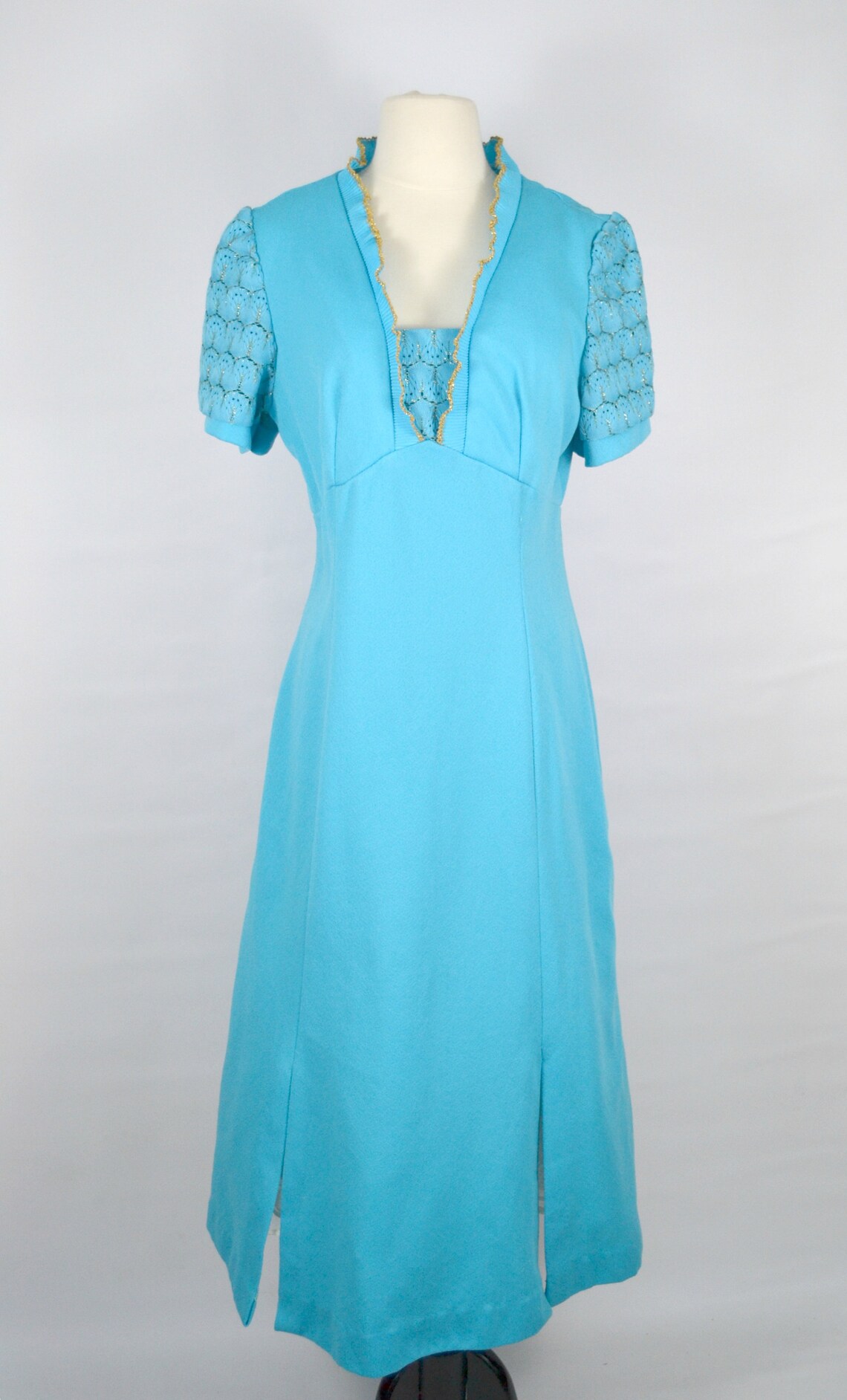 1970s Sky Blue With Gold Trim Maxi Dress Party Evening Gown Etsy