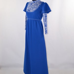 1970s Cerulean Blue and White Long Sleeve Maxi Dress, Full Length image 4