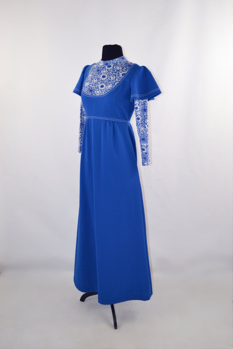 1970s Cerulean Blue and White Long Sleeve Maxi Dress, Full Length image 4