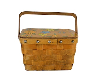 1970s Hand Painted Woven Picnic Basket Handbag by Gary Gail Dallas