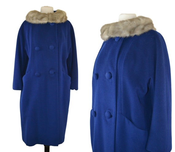 1960s Cerulean Blue Wool Coat with Silver Mink Co… - image 1