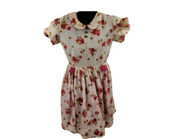 1950s/1960s Girls Cream, Red and Brown Floral Dress by Tiny Town Togs