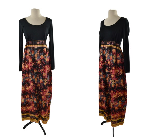 1970s Black and Floral Print Long Sleeve Maxi Dre… - image 1