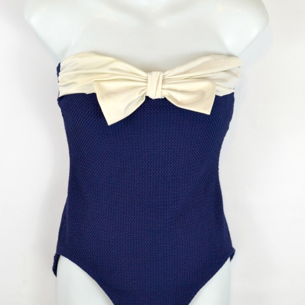 1970s Blue and White Big Bow Strapless Swimsuit by Mainstream, Pin up, Retro