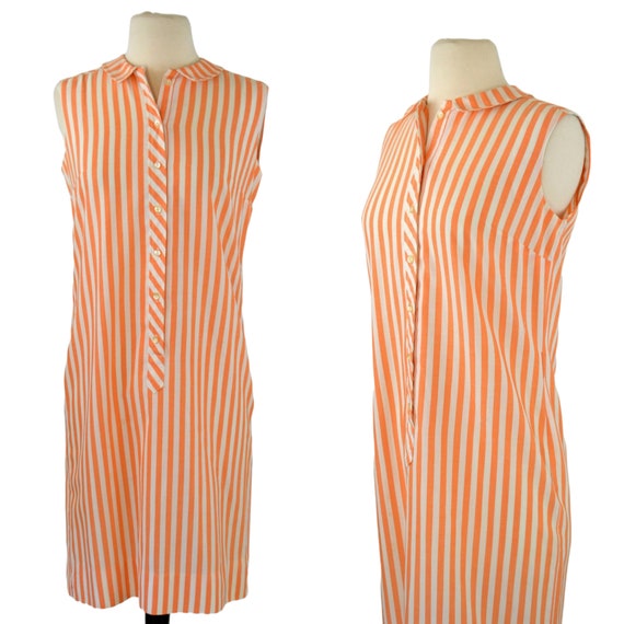 1960s Orange and White Vertical Stripe Shift Dres… - image 1
