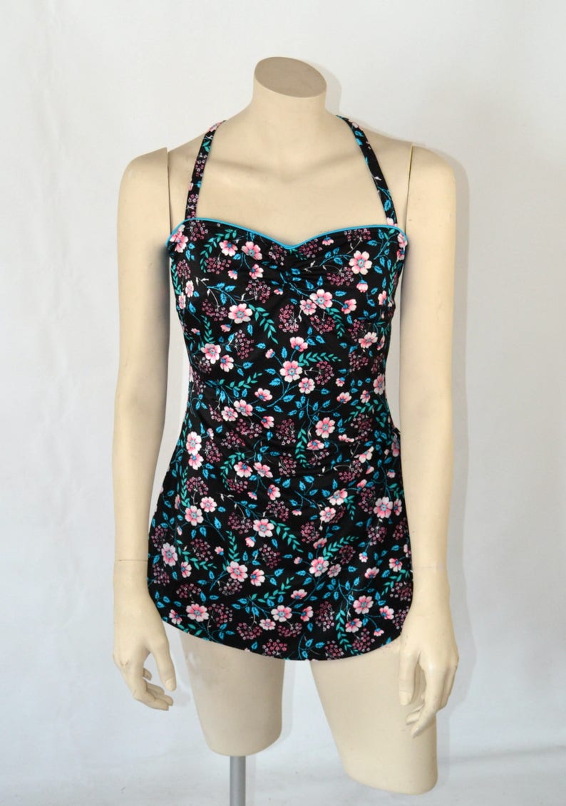 1980s Black Floral One Piece Swimsuit by Mainstream, Bathing Suit image 2