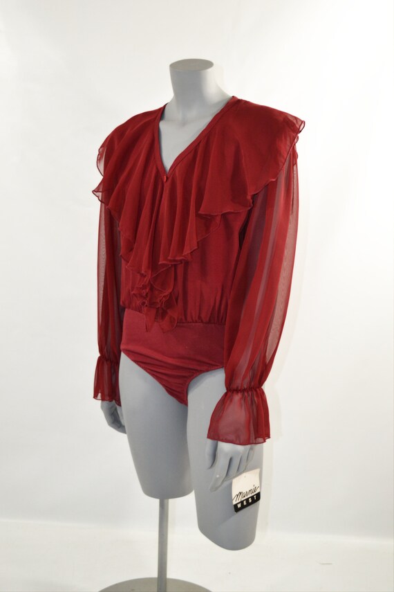 1990s NOS Cranberry Red Ruffled Bodysuit by Marni… - image 3