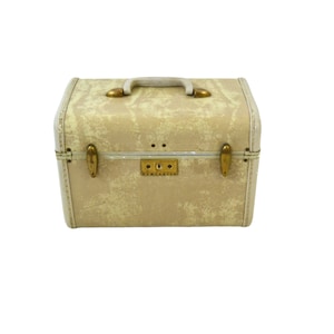 Vintage 1950s Samsonite Tan Marbled Train Case, Make Up Case, Lingerie, Travel, Storage image 1