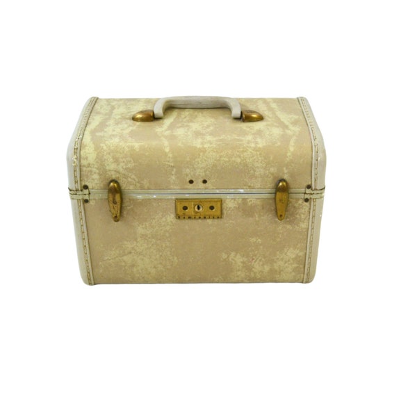 Vintage 1950s Samsonite Tan Marbled Train Case, Make Up Case, Lingerie, Travel, Storage