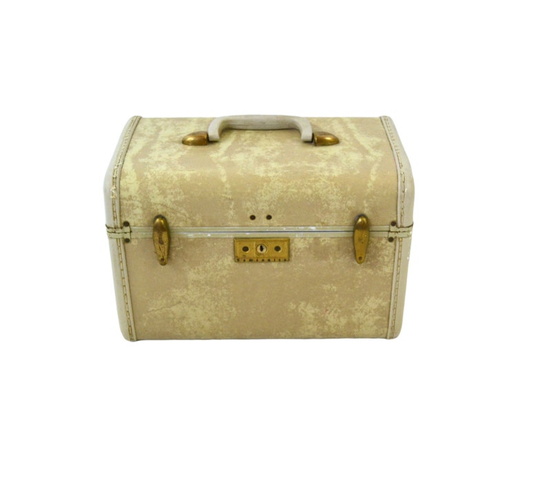 Vintage 1950s Samsonite Tan Marbled Train Case, Make Up Case, Lingerie, Travel, Storage image 1