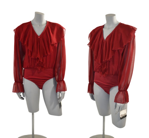 1990s NOS Cranberry Red Ruffled Bodysuit by Marni… - image 1