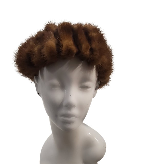 1950s Real Golden Brown Mink Tail Pillbox Hat by … - image 1