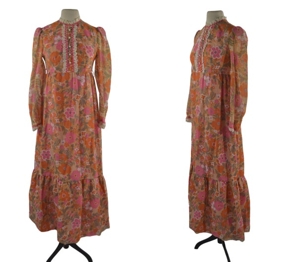 1970s Orange and Pink Stylized Floral Maxi Dress,… - image 1