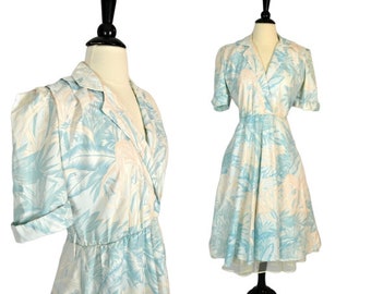 1980s Blue, Peach and White Large Print Floral Print House Dress by Especially Yours