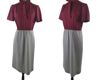 1970s Maroon and Gray Dress with Pussy Bow Collar